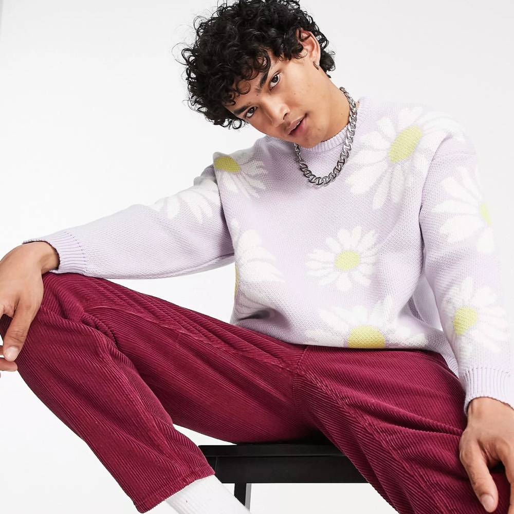 ASOS DESIGN knitted oversized sweater with floral design in lilac